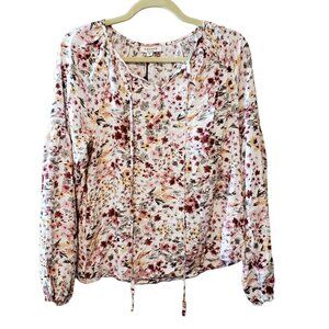 Andrée By Unit Red Olive & Mustard Floral Long Sleeve Blouse Tie Neck Size S
